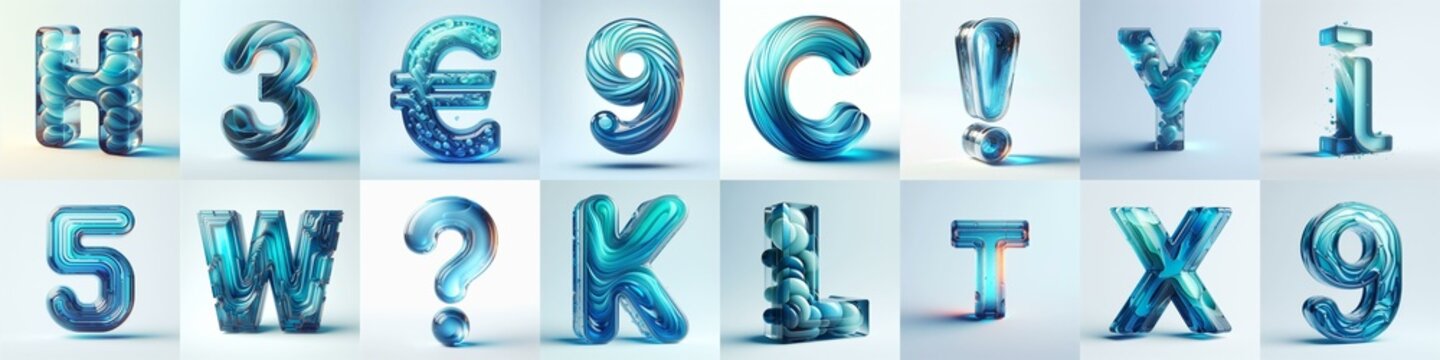 Azure glass 3D Lettering Typeface. AI generated illustration