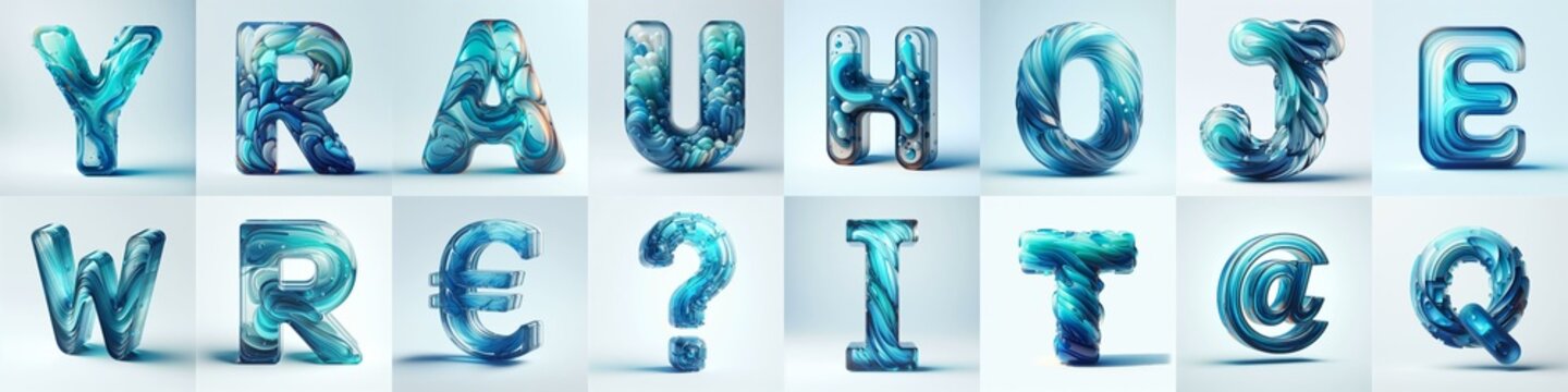 Azure glass 3D Lettering Typeface. AI generated illustration