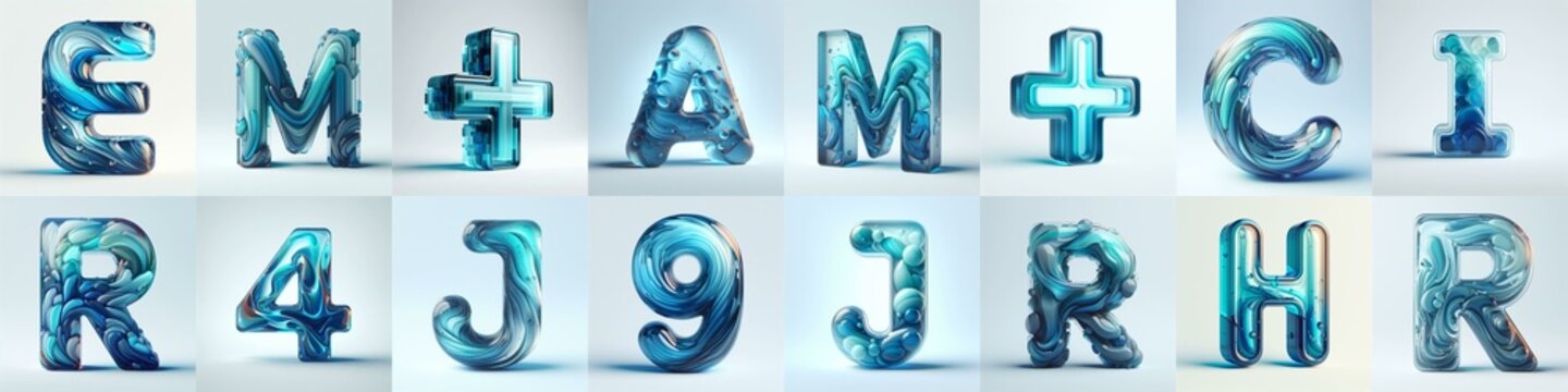 Azure glass 3D Lettering Typeface. AI generated illustration