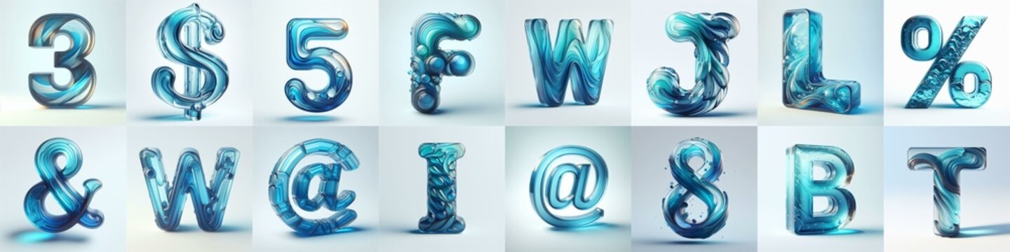 Azure glass 3D Lettering Typeface. AI generated illustration