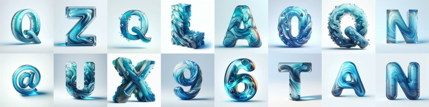 Azure glass 3D Lettering Typeface. AI generated illustration