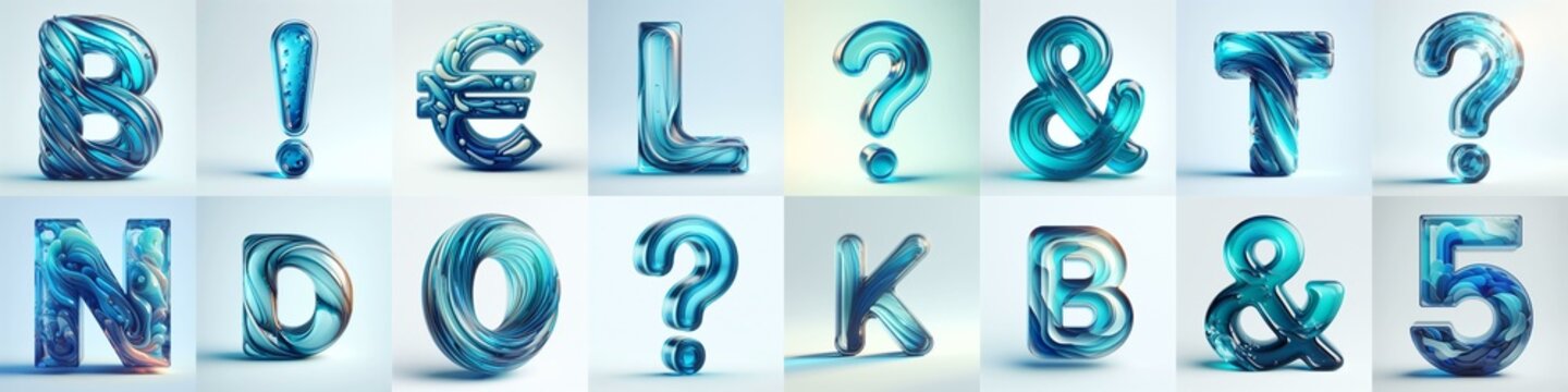 Azure glass 3D Lettering Typeface. AI generated illustration