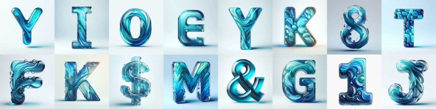 Azure glass 3D Lettering Typeface. AI generated illustration