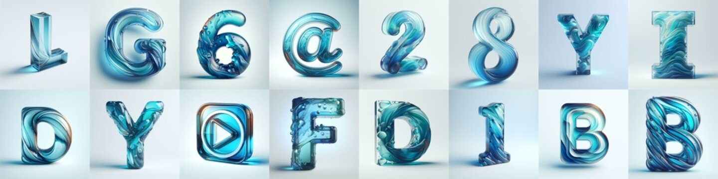 Azure glass 3D Lettering Typeface. AI generated illustration