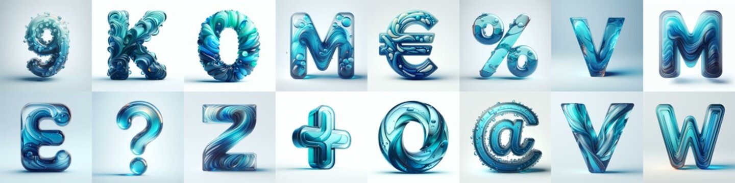 Azure glass 3D Lettering Typeface. AI generated illustration