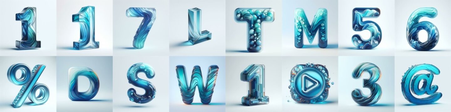 Azure glass 3D Lettering Typeface. AI generated illustration
