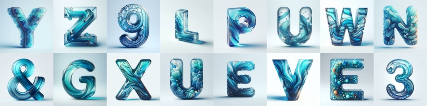 Azure glass 3D Lettering Typeface. AI generated illustration