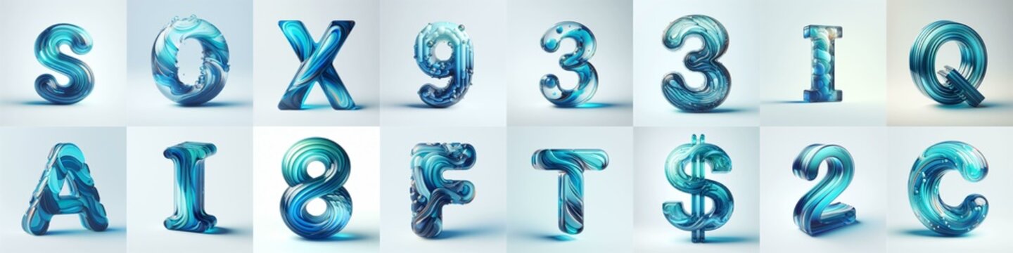 Azure glass 3D Lettering Typeface. AI generated illustration