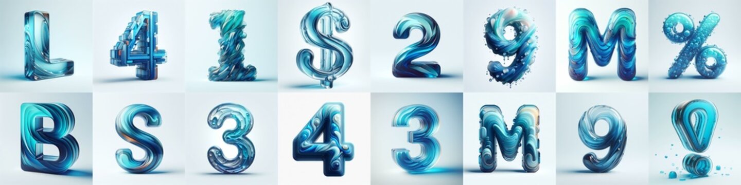 Azure glass 3D Lettering Typeface. AI generated illustration