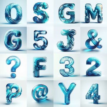 Azure glass 3D Lettering Typeface. AI generated illustration