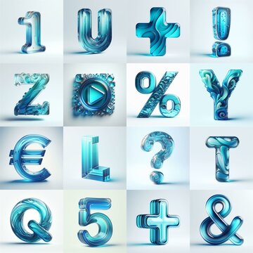 Azure glass 3D Lettering Typeface. AI generated illustration