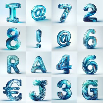 Azure glass 3D Lettering Typeface. AI generated illustration