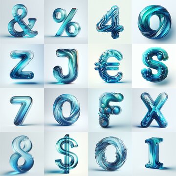 Azure glass 3D Lettering Typeface. AI generated illustration