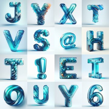 Azure glass 3D Lettering Typeface. AI generated illustration