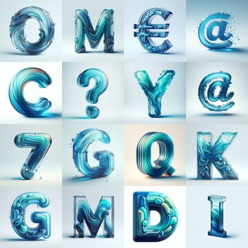 Azure glass 3D Lettering Typeface. AI generated illustration