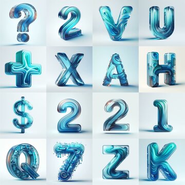 Azure glass 3D Lettering Typeface. AI generated illustration