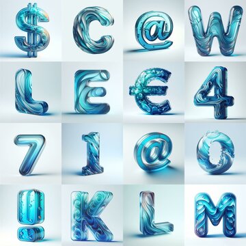 Azure glass 3D Lettering Typeface. AI generated illustration