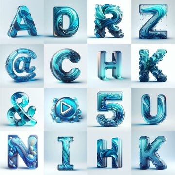 Azure glass 3D Lettering Typeface. AI generated illustration