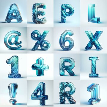 Azure glass 3D Lettering Typeface. AI generated illustration