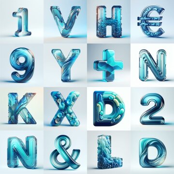 Azure glass 3D Lettering Typeface. AI generated illustration