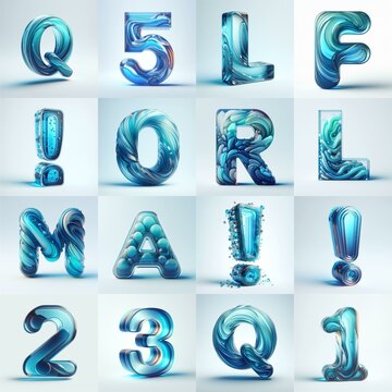 Azure glass 3D Lettering Typeface. AI generated illustration