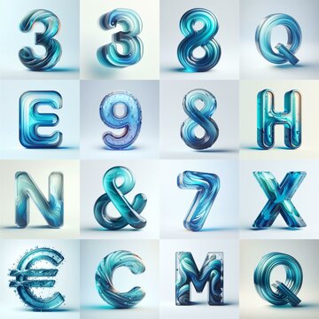 Azure glass 3D Lettering Typeface. AI generated illustration