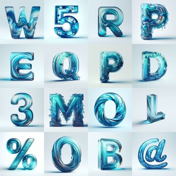 Azure glass 3D Lettering Typeface. AI generated illustration