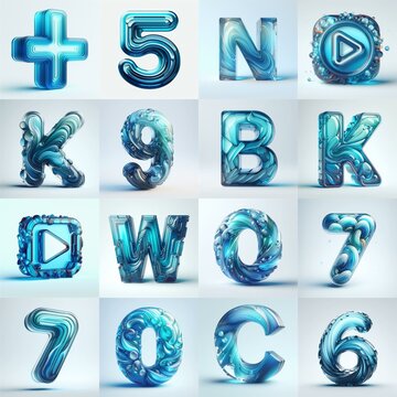 Azure glass 3D Lettering Typeface. AI generated illustration