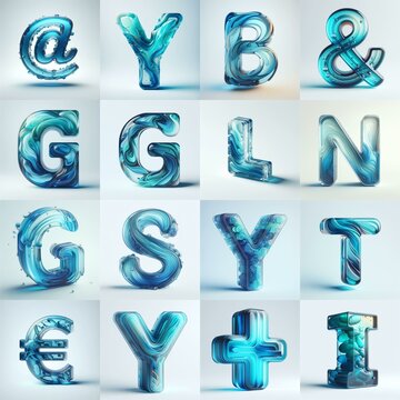 Azure glass 3D Lettering Typeface. AI generated illustration