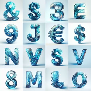 Azure glass 3D Lettering Typeface. AI generated illustration