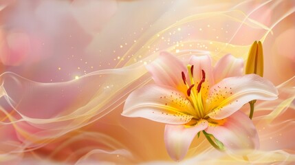 Wall Mural - Beautiful blooming lily flower minimalist fantasy background template fresh light pink yellow white color lily flower poster nature background, Aesthetics floral inspirational tenderness illustration