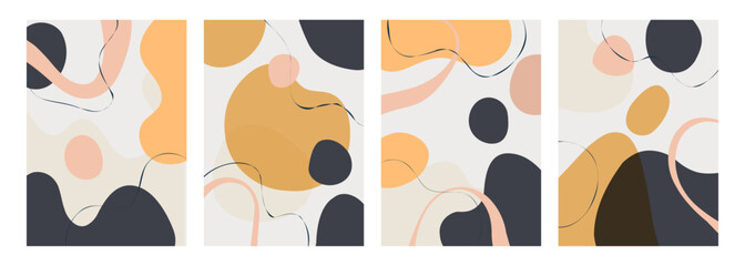 Leinwandbilder - Set of abstract backgrounds with various hand drawn dynamic shapes and black wavy lines for creative graphic design. Vector illustration.