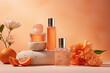 glass cosmetic bottles serum with orange fruit and rock podium