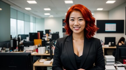 Wall Mural - Confident professional woman smiling in busy office environment 