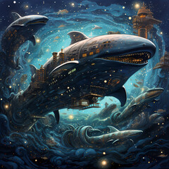 Wall Mural - Mechanical whales swimming through a sea of stars.