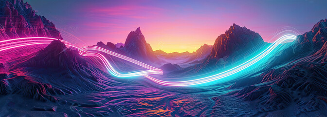 Poster - surreal landscape: rocky mountains and neon curvy colorful lines in motion. flowing energy concept.