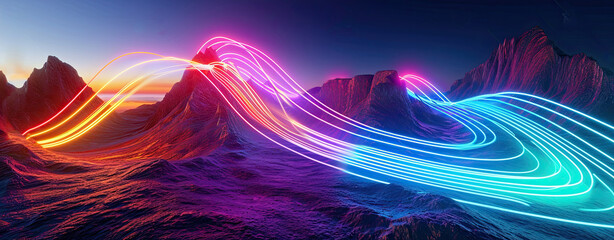 Poster - surreal landscape: rocky mountains and neon curvy colorful lines in motion. flowing energy concept.