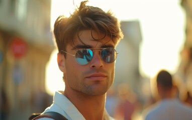 Wall Mural - A man wearing sunglasses and a white shirt is standing on a street. He is looking at the camera