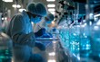 © imagineRbc - A scientist is writing on a tablet in a lab. The lab is filled with various glass bottles and vials, and the scientist is wearing a lab coat and gloves. Scene is serious and focused