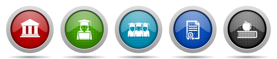 Leinwandbilder - Learning and study icons, miscellaneous buttons such as building, student, diploma and book with apple, circle glossy web icon collection