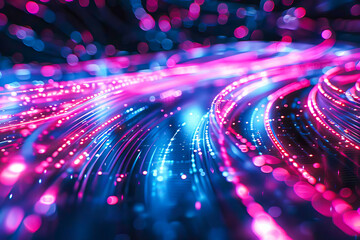 Bright lights and blurs create an abstract background with a pink and blue glowing neon effect.