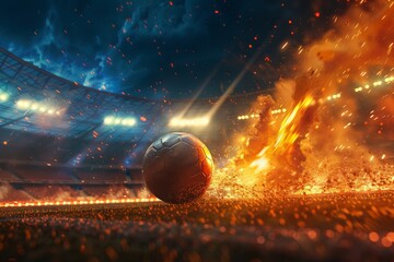 Wall Mural - Fiery soccer ball on stadium field at night. Generative AI