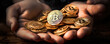 Bitcoin coins in hands. Cryptocurrency theme. banner