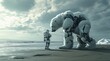 La rencontre entre un robot et un robot ours polaire sur une plage au bord de la mer.