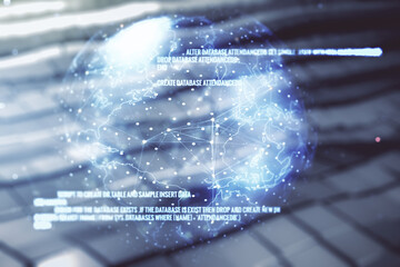 Aufkleber - Double exposure of abstract creative programming illustration and world map on shiny metal background, big data and blockchain concept