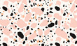 Terrazzo Pattern Has a Pastel Pink, Peach and Black Colour Palette With a White Background and Simple Shapes. The Artwork Is in the Style of Simple Shapes and a Terrazzo Pattern With a Pastel Pink