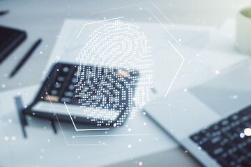 Aufkleber - Multi exposure of virtual abstract fingerprint illustration on calculator and laptop background, digital access concept