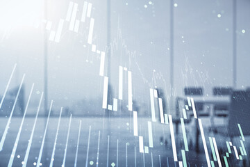 Poster - Abstract virtual financial graph hologram on a modern furnished classroom background, financial and trading concept. Multiexposure