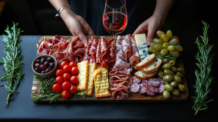 Wall Mural - Woman's hands holding charcuterie board on black background. Italian antipasti or Spanish tapas and wine.