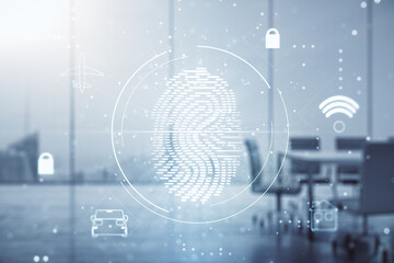 Poster - Double exposure of virtual creative fingerprint hologram on a modern meeting room background, research and development concept
